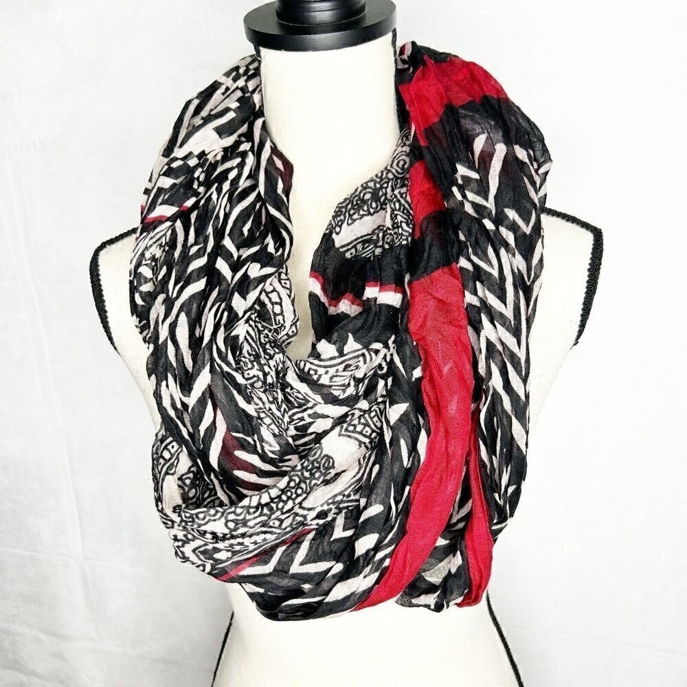 NWT Big Buddha Red Black Tan Semi-Sheer Infinity Scarf New